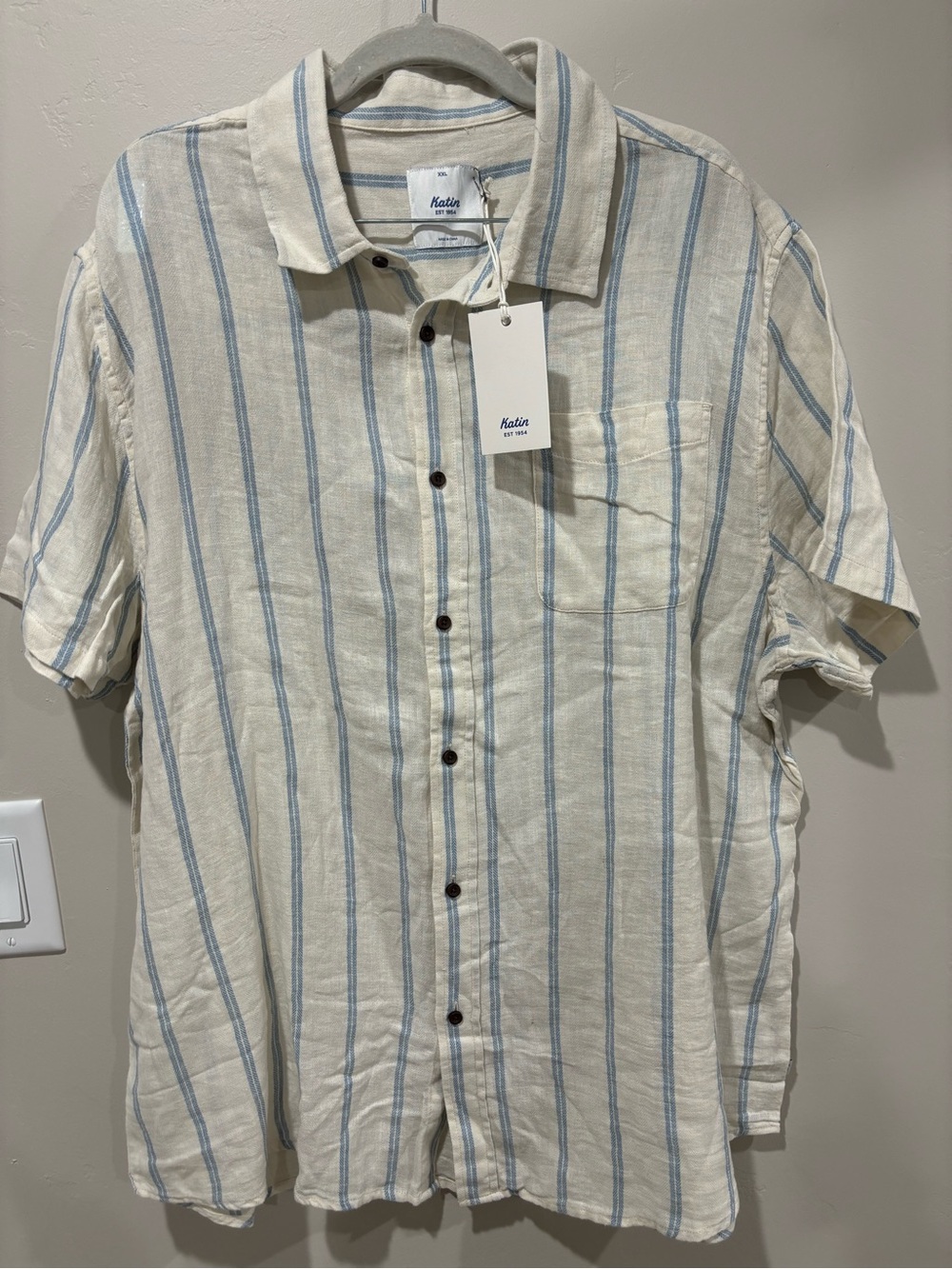 Katin Cream Short Sleeve Button-Down Shirt with Blue Stripes